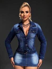 SHEIN SXY 女士休闲褪色牛仔夹克 - 深色水洗藍 - 查看 2