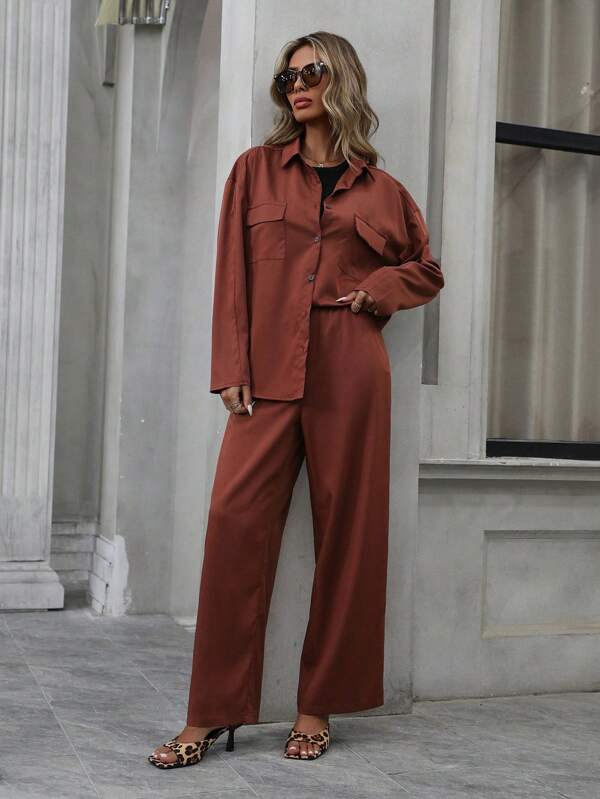 GENKIRA 2 件复古风格工装衬衫和宽松直筒裤女装套装