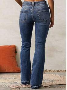 女式前扣多口袋牛仔喇叭裤，适合日常休闲穿着 - 藍色 - 查看 2