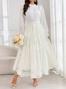 Graceveil Chân váy ren xếp tầng màu trơn thanh lịch, thích hợp cho mùa hè và mùa thu. - Màu be - Xem 5