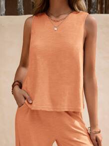 SHEIN LUNE 2 piezas Conjunto informal de chaleco y pantalones de unicolor para vacaciones de mujer - Naranja Coral - Ver 6