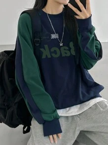 DAZY 女式拼布撞色街头风格字母印花卫衣，秋季服装 - 藏蓝色 - 查看 1