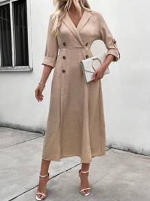 SHEIN Clasi 女士夏季纯色马球领袖口侧开衩下摆优雅办公室连衣裙