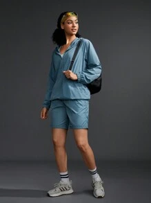 SHEIN Sports 2pcs Women Spring & Autumn Solid Color Raglan Sleeve Hoodie Jacket And Shorts Sports Suit - Baby Blue - View 3