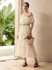 MOTF Women's Elegant Solid Color Off Shoulder Embroidery Vacation Dress - Beige - View 5