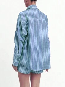 INAWLY 女士休闲条纹比基尼短款上衣和短裤套装 - 藍色 - 查看 2