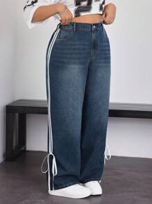 SHEIN EZwear Plus Size Solid Simple Everyday Cat Whisker Decoration Boyfriend Jeans - Blue - View 1