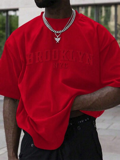 Manfinity Homme Camiseta de cuello redondo para hombre de manga corta casual de verano con letras grabadas en relieve