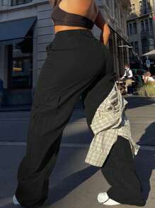 Women's Plus Size Solid Color Casual Cargo Pants - Black - View 2