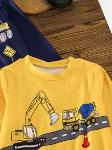 3 peças Camisetas Casuais de Menino Jovem com Estampa de Escavadeira de Gola Redonda, em Cores Diferentes. Cada Camiseta possui um Design de Estampa Fofa de Escavadeira, exibindo um Estilo Divertido e Brincalhão - Multicolorido - Visão 3