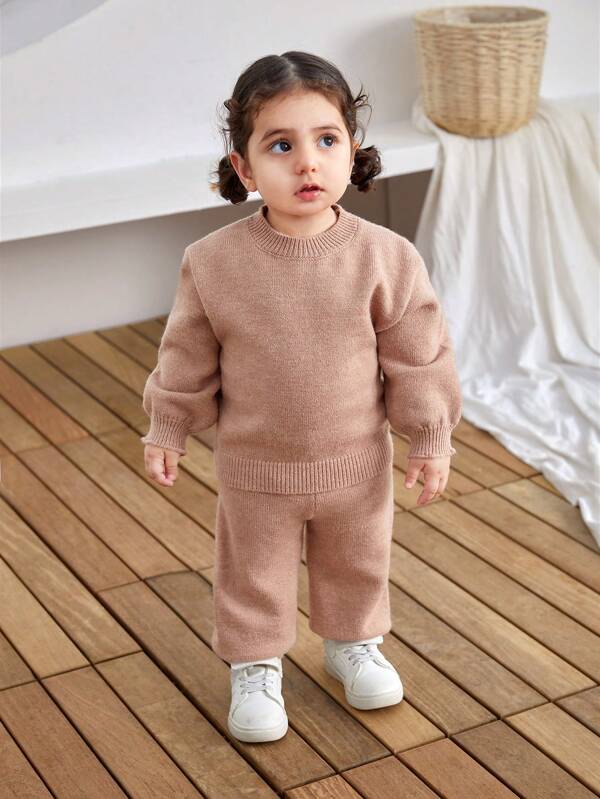 SHEIN Baby Girl Cute Solid Color Warm Long Sleeve Sweater Set, Autumn/Winter
