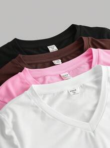 SHEIN 4 peças/conjunto adolescente menina decote em v bainha curva manga longa casual versátil camada de base camisetas de malha