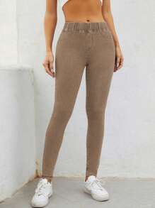 EMERY ROSE Casual Washed Elastic Waist Slim Fit Jeans - Coffee Brown - View 4