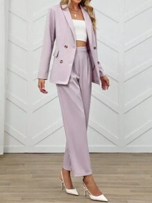 SHEIN Clasi Tailleur elegante e alla moda da donna con giacca a manica lunga con risvolto e pantaloni - Rosa antico - Visualizzare 4