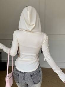 DAZY Women's Solid Color Zip Front Hooded Long Sleeve T-Shirt, Spring & Summer - White - View 2