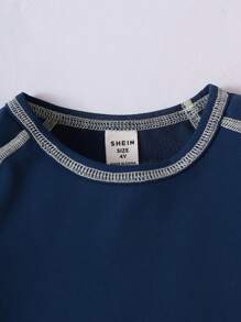 Young Boy Simple Solid Navy Blue Long Sleeve Thermal Underwear Set With Long Pants, Winter