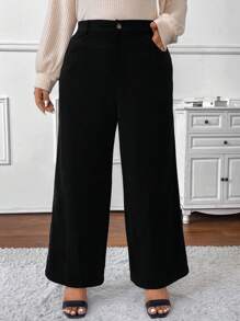 SHEIN Frenchy Plus Size Women Fall Airport, Business Casual Woman, Solid Color Casual Pants With Pockets And Buttons - Black - View 1