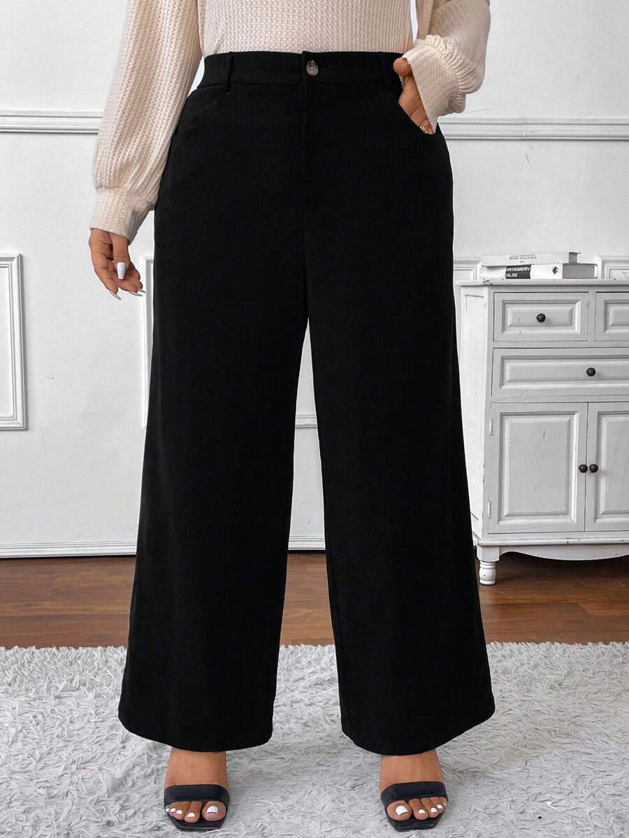 SHEIN Frenchy Plus Size Women Fall Airport, Business Casual Woman, Solid Color Casual Pants With Pockets And Buttons - Black - View 1