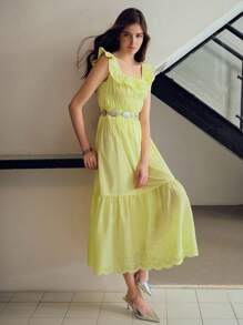 MOTF STUDIO SOLID SQUARE NECK RUFFLE TRIM RUCHED BODICE SCHIFFY HEM DRESS WITHOUT BELT - Yellow - View 2