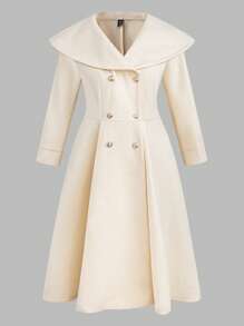 SHEIN Unity Plus Size Casual Solid Color Double-Breasted Woolen Coat, Autumn & Winter - Apricot - View 1