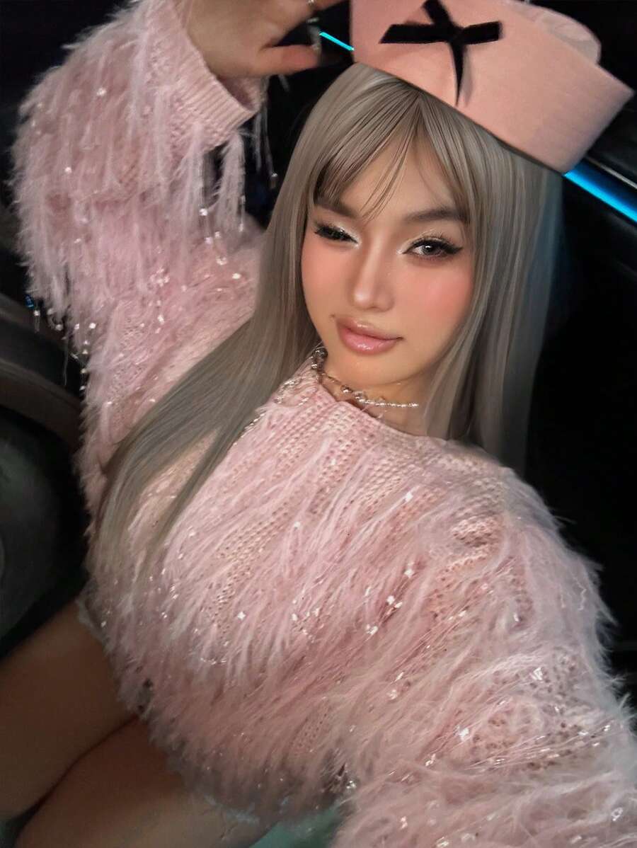 Flirla Áo len chui đầu thiết kế thời trang cỡ lớn rộng rãi rách rưới - Hồng - Xem 1