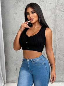 Zolique Solid Deep V-Neck Button Front Sexy Sweater Vest - Black - View 1