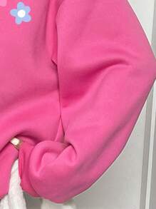 SHEIN 甜美花卉印花返校服，可爱粉色，青少年女孩休闲长袖圆领运动衫，适合秋冬季 - 玫紅色 - 查看 5