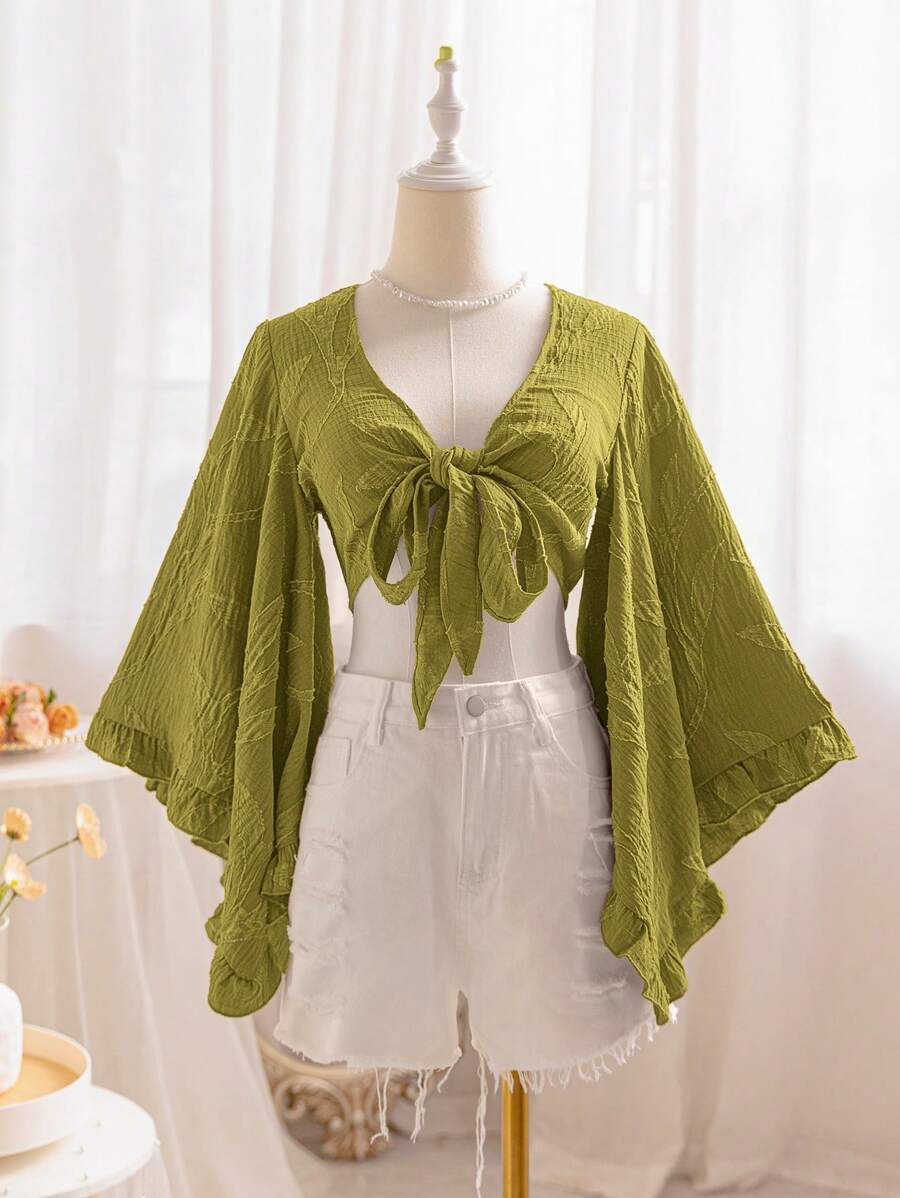 Soleia Women's Holiday Hippie Music Festival Willow Texture Open Cardigan Tie-Knot Trumpet Sleeves Ruffle Cuff Shirt,Three Quarter Sleeve Tops - Green - View 1