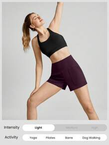 GLOWMODE 4 英寸 FeatherFit™ 瑜伽风格高腰短裤宽松口袋轻度支撑低冲击瑜伽工作室健身房日常夏季 - 櫻桃可樂 - 查看 5