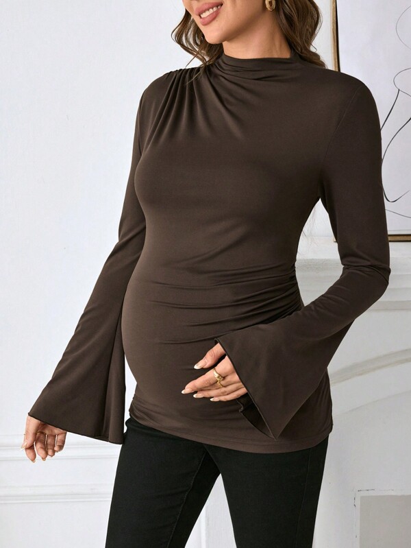 SHEIN Maternity Casual V-Neck Flare Sleeve Top Brown Fitted Pregnancy T-Shirt, Fall