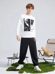 SHEIN Conjunto de sudadera de cuello redondo suelta y cómoda y pantalón de chándal para niños adolescentes, con forro polar reforzado - Blanco y Negro - Ver 3