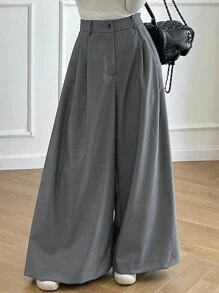 DAZY Quần ống rộng xếp ly màu trơn có túi cho nữ - Xám - Xem 7