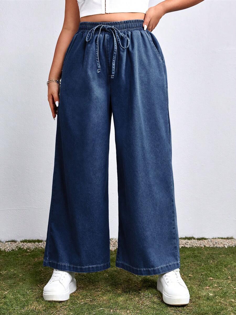 SHEIN EZwear Plus Size Lightweight Loose Waist Drawstring Boyfriend Jeans