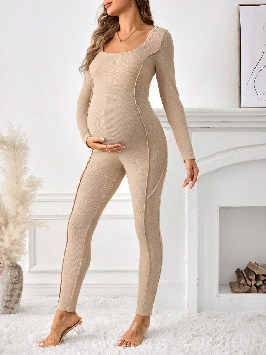 SHEIN Maternity Solid Scoop Neck Ribbed Knit Unitard Jumpsuit Khaki - Khaki - View 1
