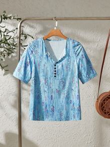SHEIN LUNE Women's Front Button Up All-Over Print Round Neck Short Sleeve Casual Top - Blue - View 2