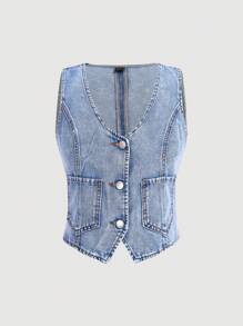 SHEIN Frenchy Chaleco vaquero informal con botones frontales para señoras, parte superior de verano - Lavado ligero - Ver 1