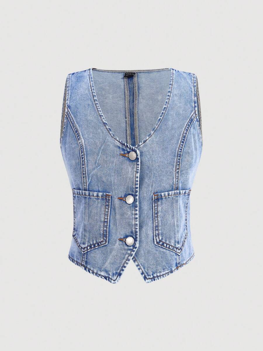SHEIN Frenchy Chaleco vaquero informal con botones frontales para señoras, parte superior de verano - Lavado ligero - Ver 1