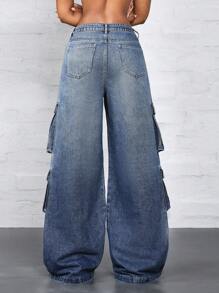 Jeanoix 女士纽扣口袋复古工作服阔腿工装牛仔裤低腰直腿牛仔裤