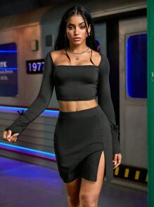 Gameset SHEIN Sport 2pcs Women's Simple Solid Color Square Neck Long Sleeve Top And Split Pencil Skirt Fitness Set - Black - View 1
