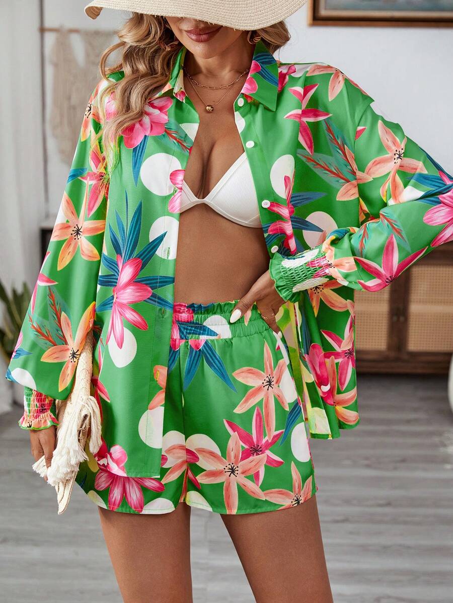 Breezaya 2件套夏威夷风情热带印花夏季短裤套装