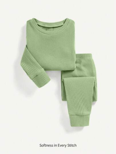 Cozy Pixies 2pcs Baby Boy Snug Fit Pajamas - Solid Color Turtleneck Top And Pants Casual Homewear Matching Set