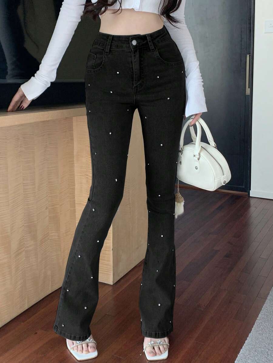 DAZY Women's Diamond Embellished Flared Jeans - Black - View 1
