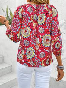 SHEIN LUNE 女士襯衫,燈籠袖打結前面全印花 - 西瓜粉 - 查看 2