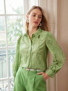 MOTF PREMIUM EYELET EMBROIDERY BUTTON BLOUSE,SPRING/SUMMER - Mint Green - View 9