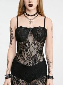 ROMWE Goth Vestido negro informal de tirantes con encaje transparente, flores, lazo y estilo sexy para mujeres de vacaciones - Negro - Ver 6