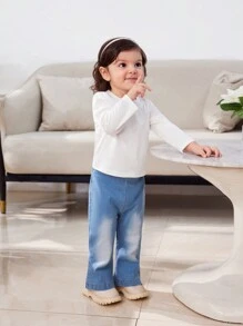 3pcs Baby Girls Thickened Sherpa Lined Denim Jacket, Undershirt And Flared Pants Set - Blue - View 4