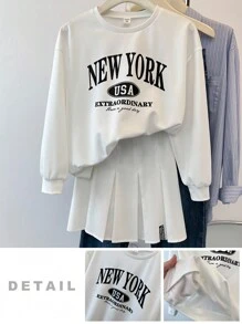 SHEIN 2pcs Tween Girl Loose Leisured Minimalist Campus Style Fashion Letter Print Oversized Sweatshirt And Pleated Skirt Set - White - View 3