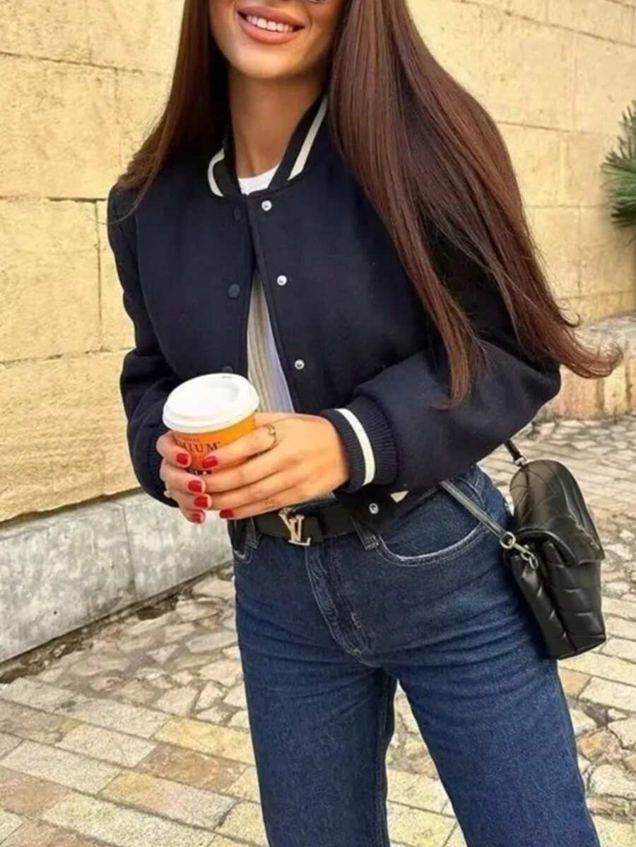 INAWLY 女式拼色领子、袖口和下摆长袖夹克 - 彩色 - 查看 1