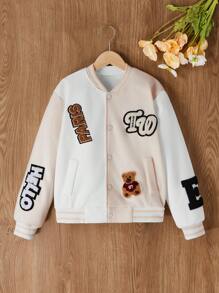 Uniforme de béisbol para niñas preadolescentes con múltiples parches de letras, chaqueta informal caqui y blanca
