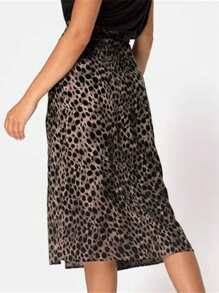 INAWLY Falda elegante línea A con estampado todo sobre, lazos en la cintura y talla grande - Caqui - Ver 2